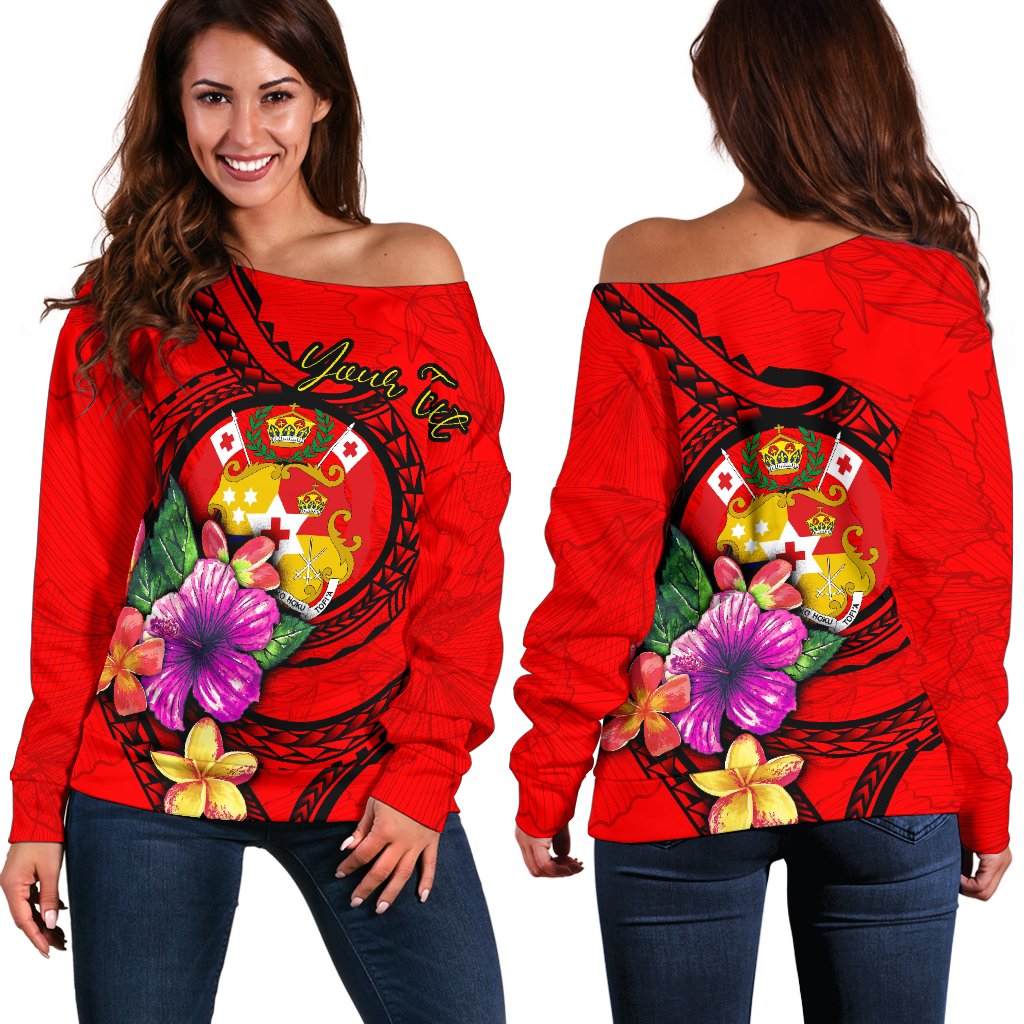 Tonga Polynesian Custom Personalised Women's Off Shoulder Sweater - Floral With Seal Red Red - Polynesian Pride