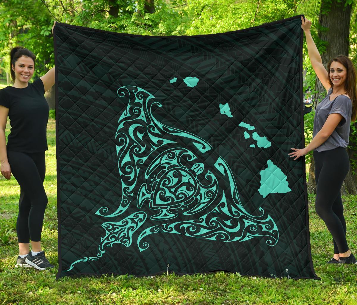 Rays Hawaii Map Polynesian Premium Quilt - Turquoise Turquoise - Polynesian Pride