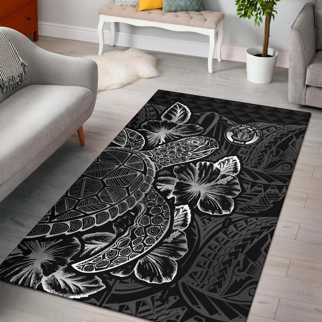 Niue Area Rugs Turtle Hibiscus Black Black - Polynesian Pride