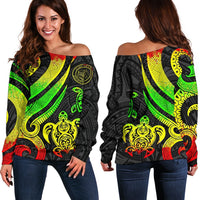 Palau Women's Off Shoulder Sweater - Reggae Tentacle Turtle Art - Polynesian Pride