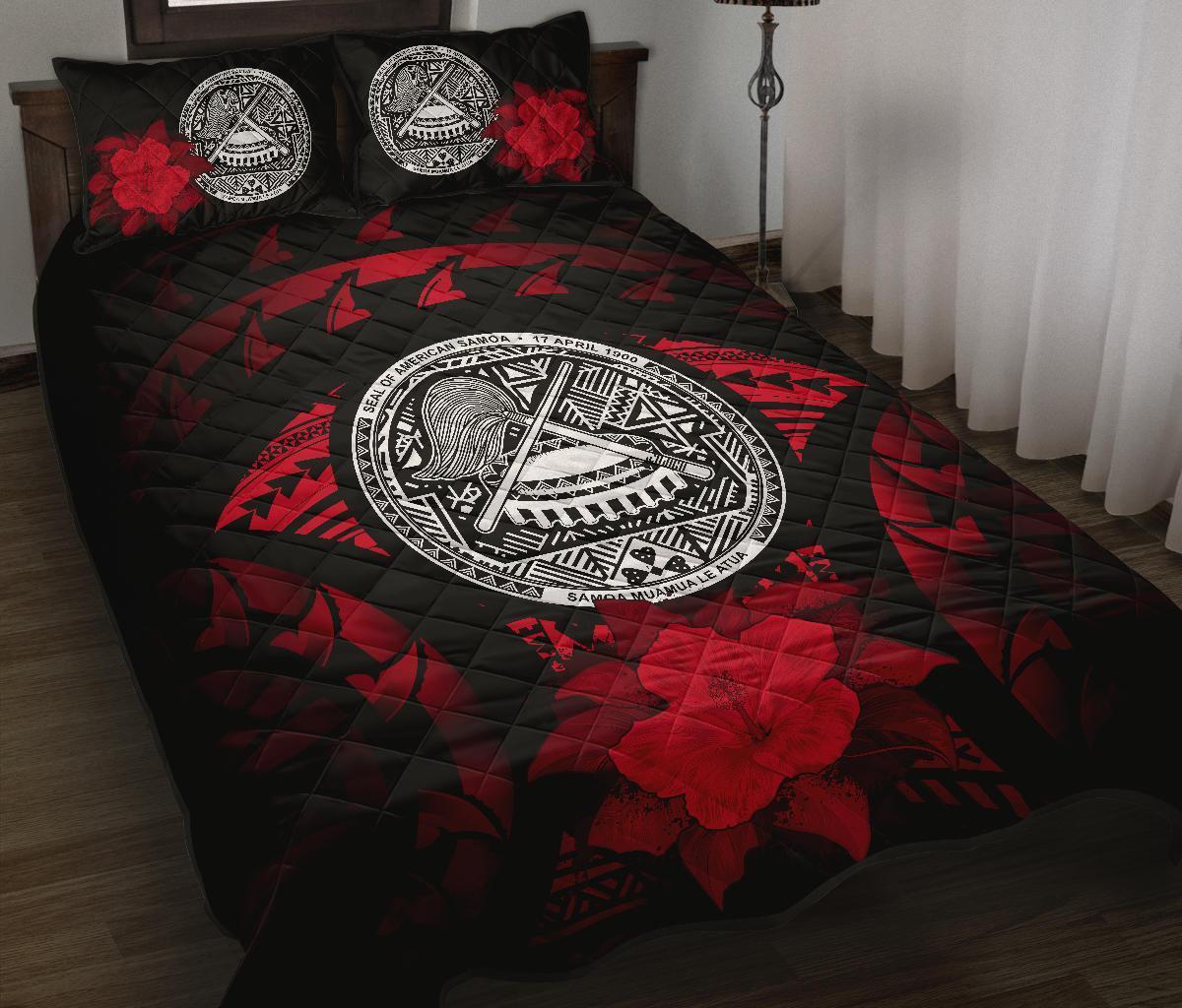 American Samoa Polynesian Quilt Bed Set Hibiscus Red Black - Polynesian Pride