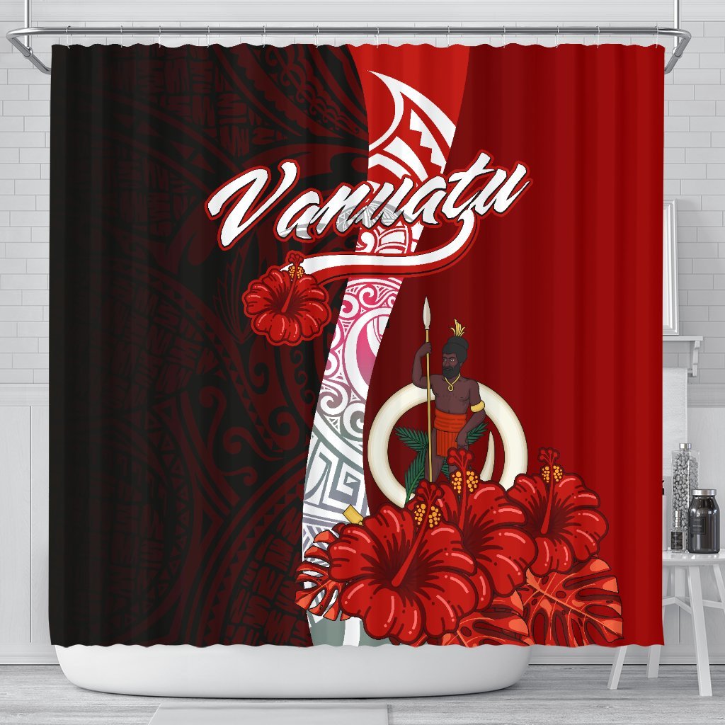 Vanuatu Polynesian Shower Curtain - Coat Of Arm With Hibiscus 177 x 172 (cm) Red - Polynesian Pride