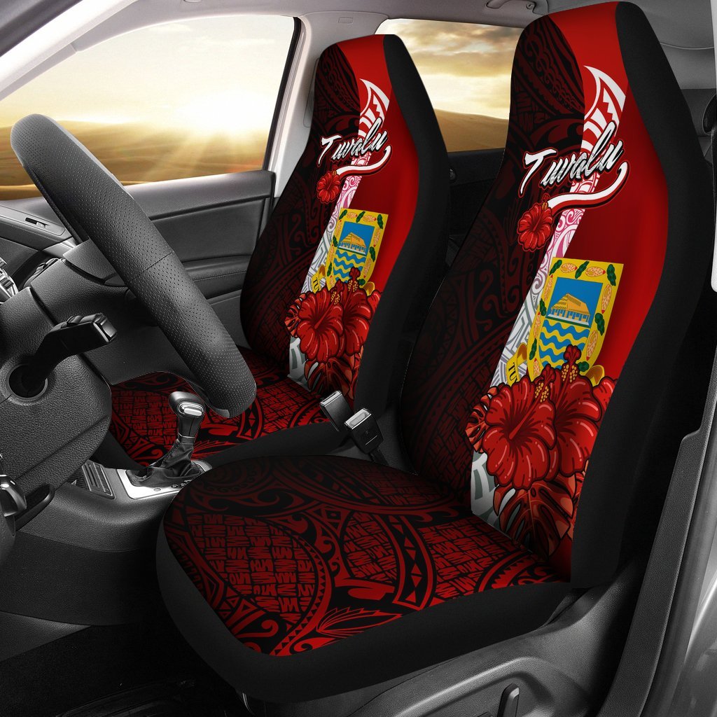 Tuvalu Polynesian Car Seat Covers - Coat Of Arm With Hibiscus Universal Fit Red - Polynesian Pride