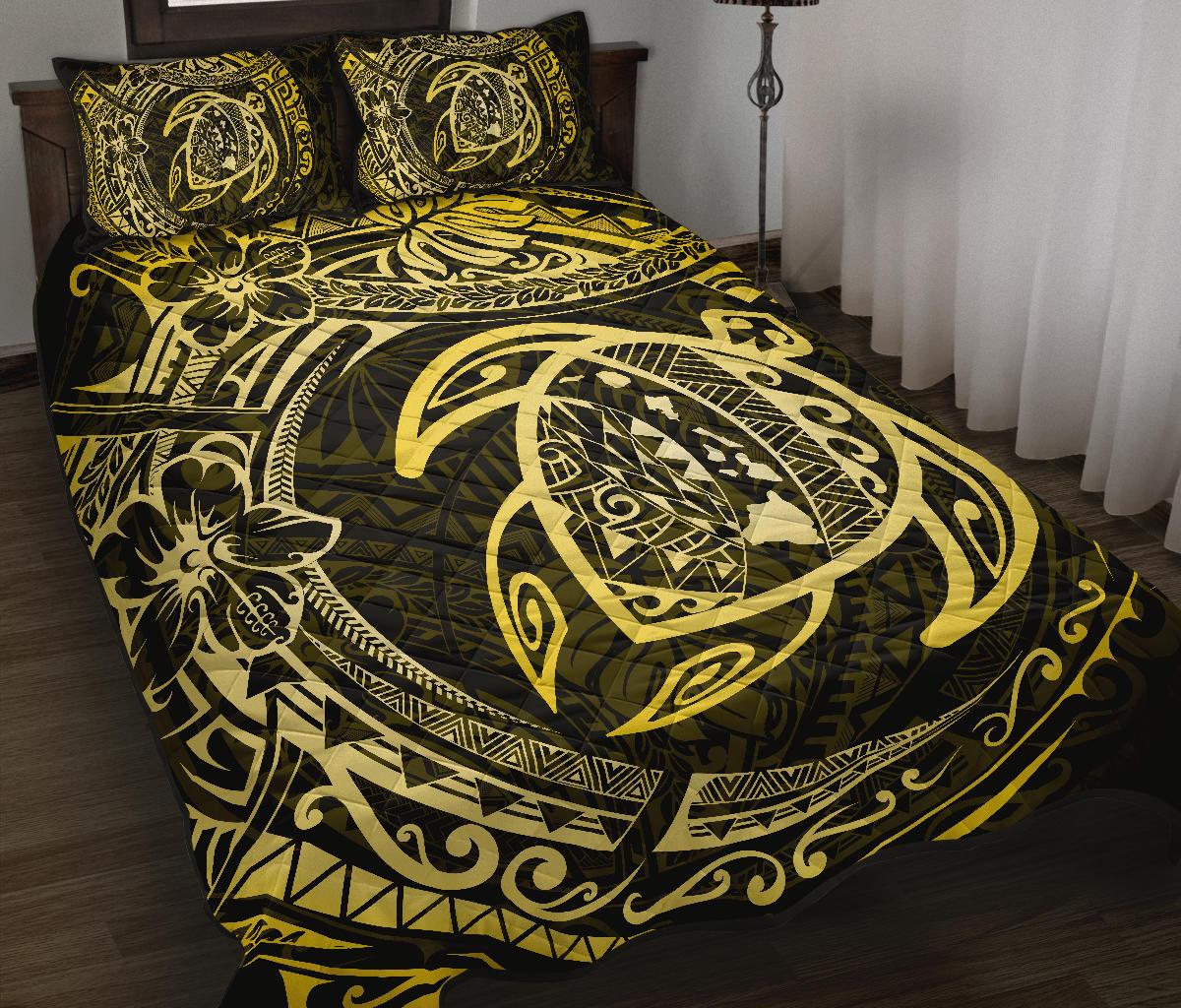 Hawaiian Map Turtle Polynesian Quilt Quilt Bedding Set Circle Yellow - Polynesian Pride