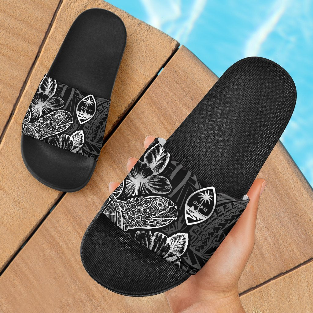 Guam Slide Sandals - Turtle Hibiscus Pattern Black Black - Polynesian Pride