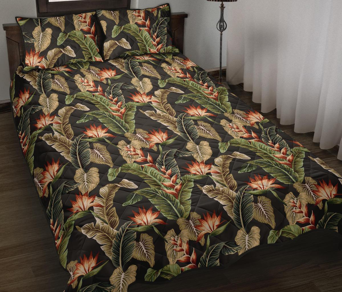 Hawaii Quilt Bed Set Tropical Floral Vintage Strelitzia Flower Banana Leaves AH Black - Polynesian Pride