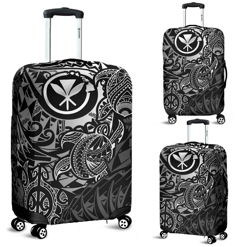 Polynesian Hawaii (Kanaka Maoli) Luggage Cover - Black Hibiscus Turtle Flowing WHITE - Polynesian Pride