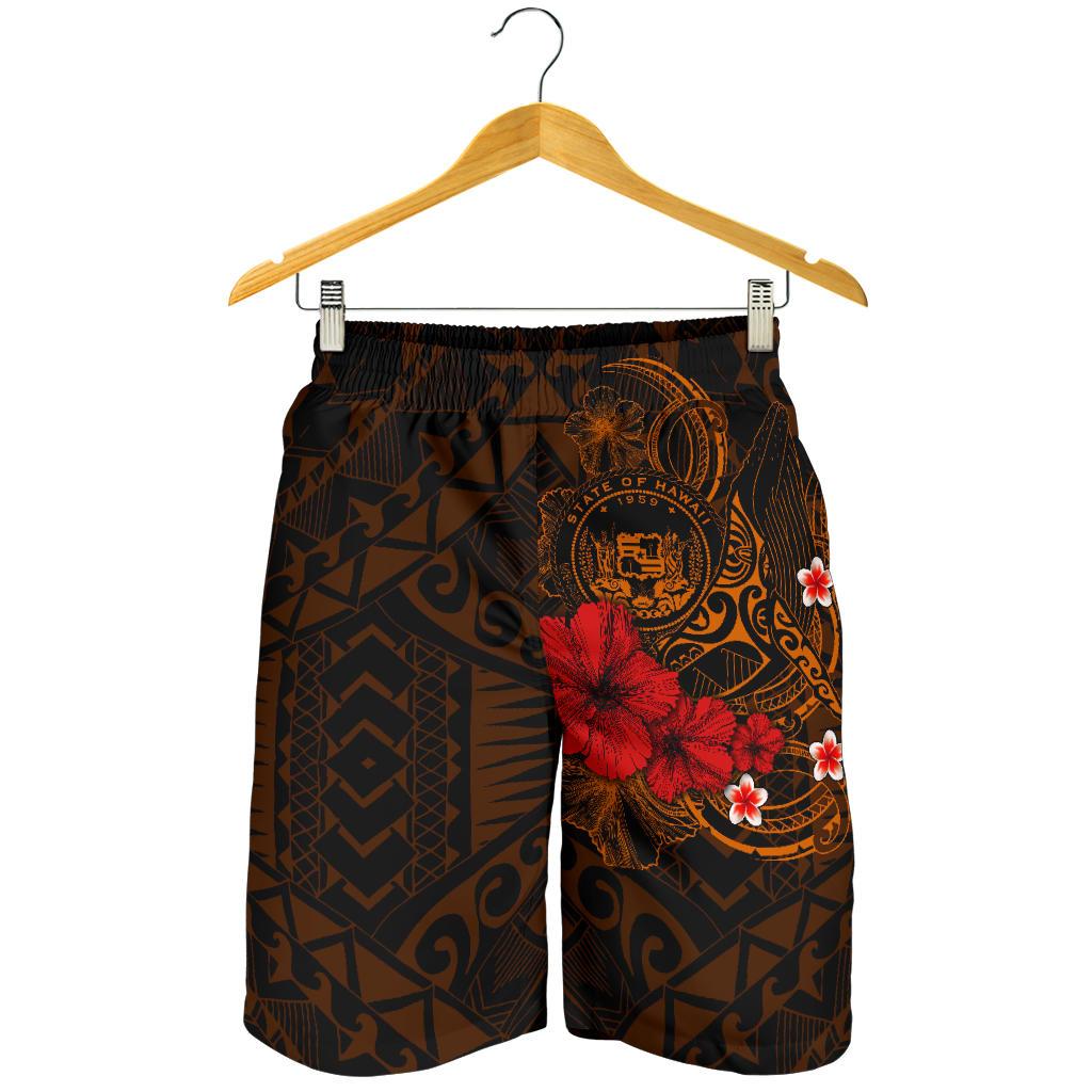 Polynesian Hawaii Men's Shorts - Humpback Whale with Hibiscus (Golden) - Polynesian Pride