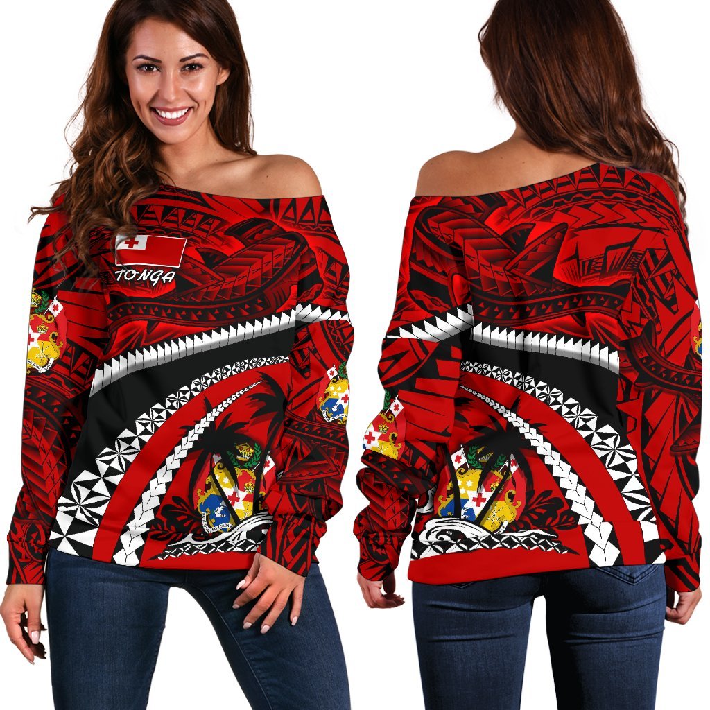 Tonga Polynesian Shark Tattoo Women'S Off Shoulder Sweater Red - Polynesian Pride