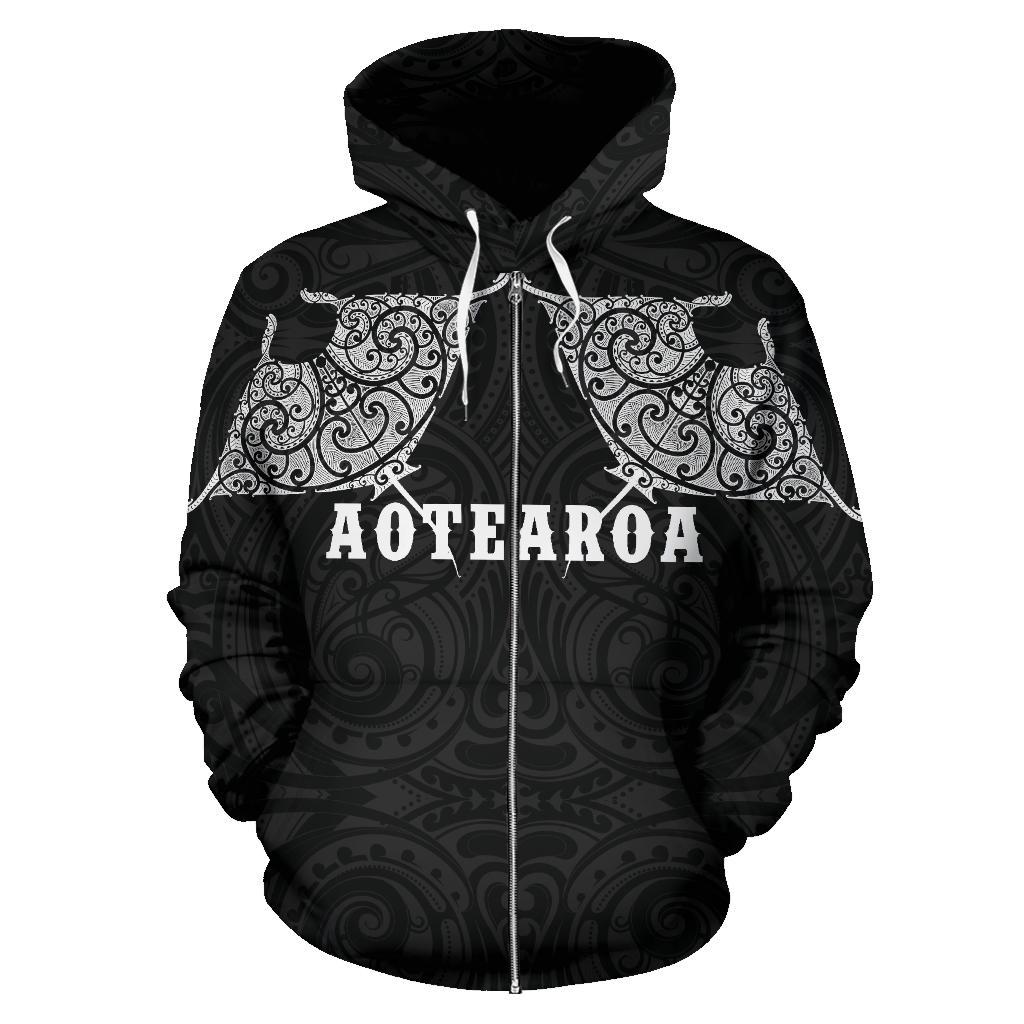 Maori Manta Ray Tattoo Style Zip up Hoodie Unisex Black - Polynesian Pride