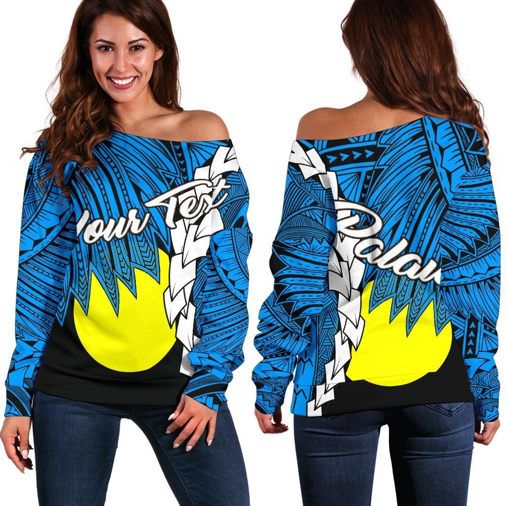 Palau Polynesian Custom Personalised Women's Off Shoulder Sweater - Tribal Wave Tattoo Flag Style Blue - Polynesian Pride