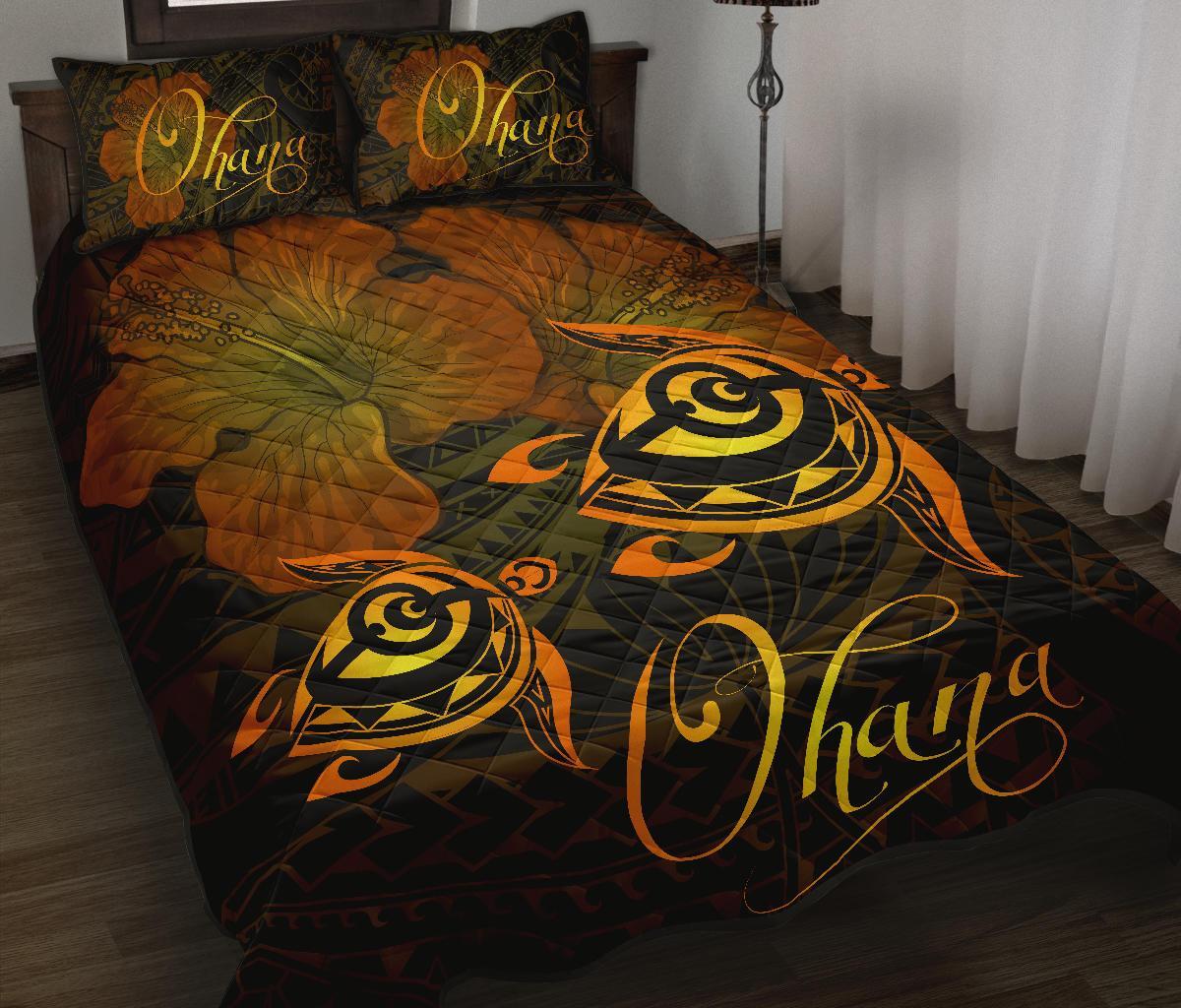 Hawaii Turtle Ohana Hibiscus Poly Quilt Bed Set Yellow - Polynesian Pride