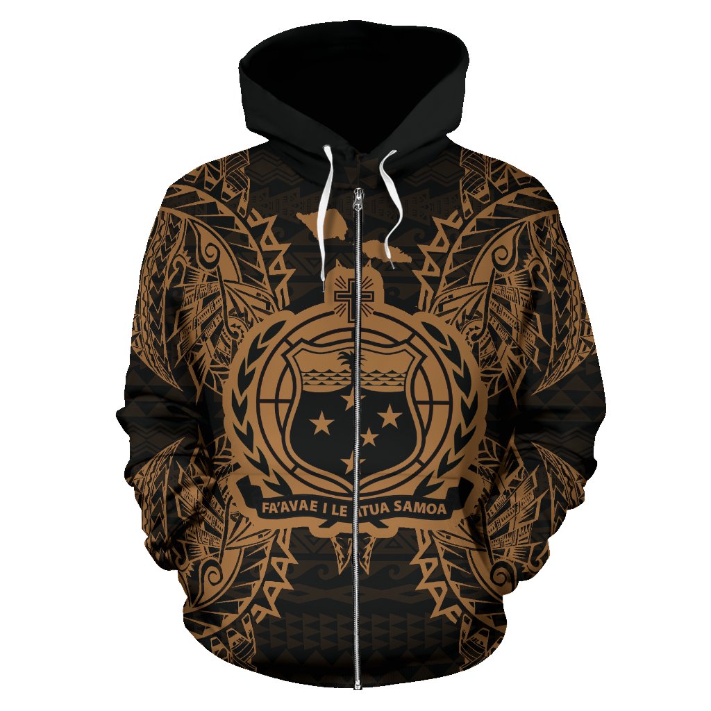Samoa Polynesian All Over Zip up Hoodie Map Gold - Polynesian Pride