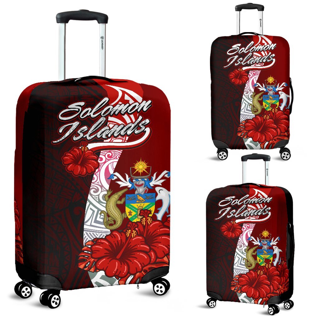 Solomon Islands Polynesian Luggage Covers - Coat Of Arm With Hibiscus Red - Polynesian Pride