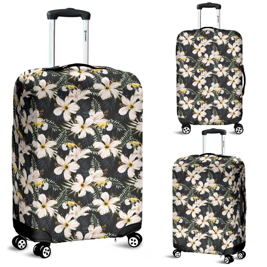 Tropical Toucans Hibiscus Palm Leaves Luggage Cover White - Polynesian Pride