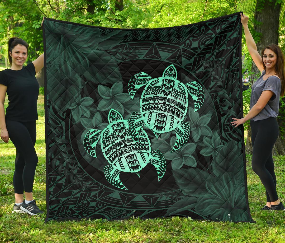 Hawaii Premium Quilt - Turtle Strong Pattern Hibiscus Plumeria Turquoise AH Turquoise - Polynesian Pride