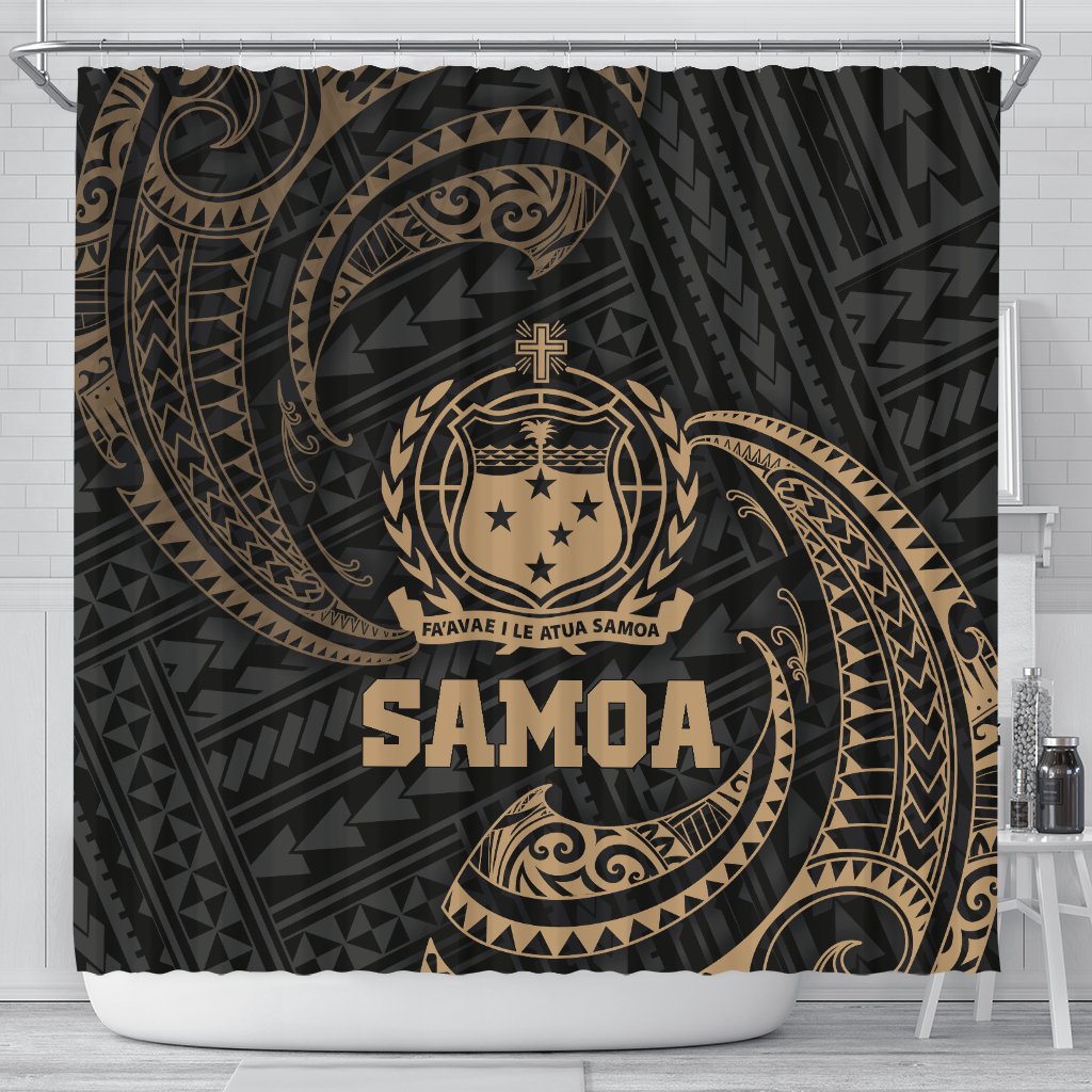 Samoa Polynesian Shower Curtain - Gold Tribal Wave 177 x 172 (cm) Black - Polynesian Pride