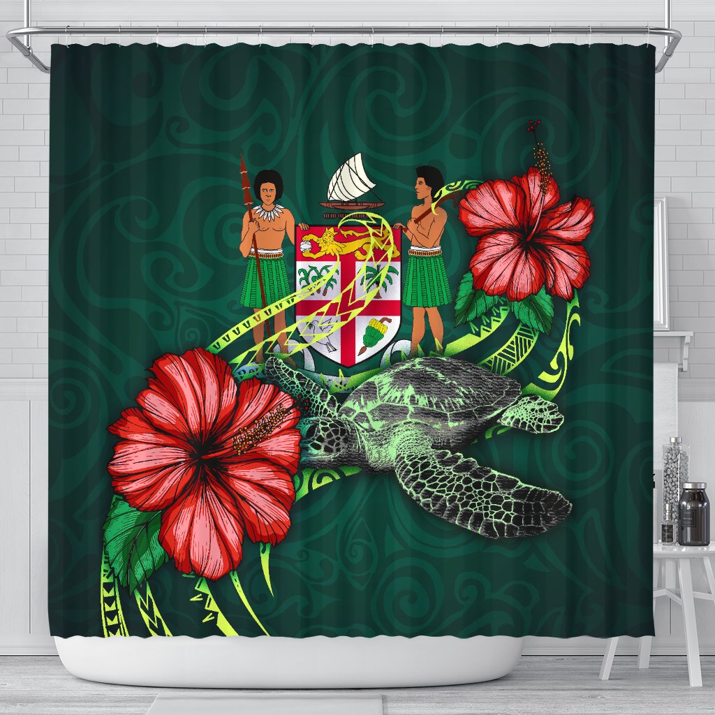 Fiji Polynesian Shower Curtain - Green Turtle Hibiscus 177 x 172 (cm) Green - Polynesian Pride