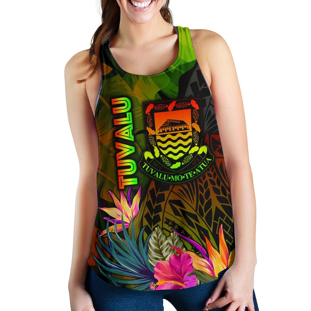 Tuvalu Polynesian Women's Racerback Tank - Hibiscus and Banana Leaves Art - Polynesian Pride