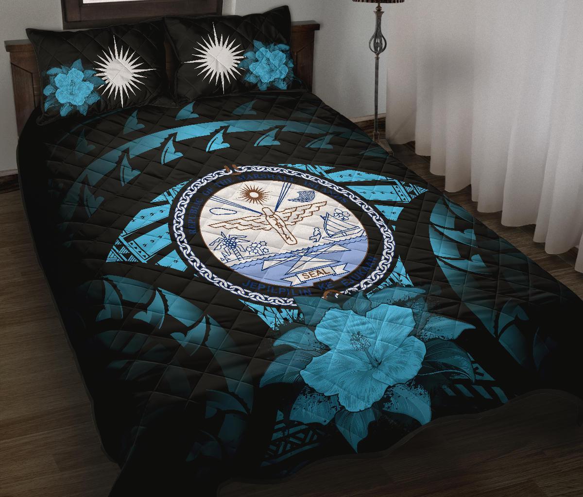 Marshall Islands Polynesian Quilt Bed Set Hibiscus Blue Black - Polynesian Pride