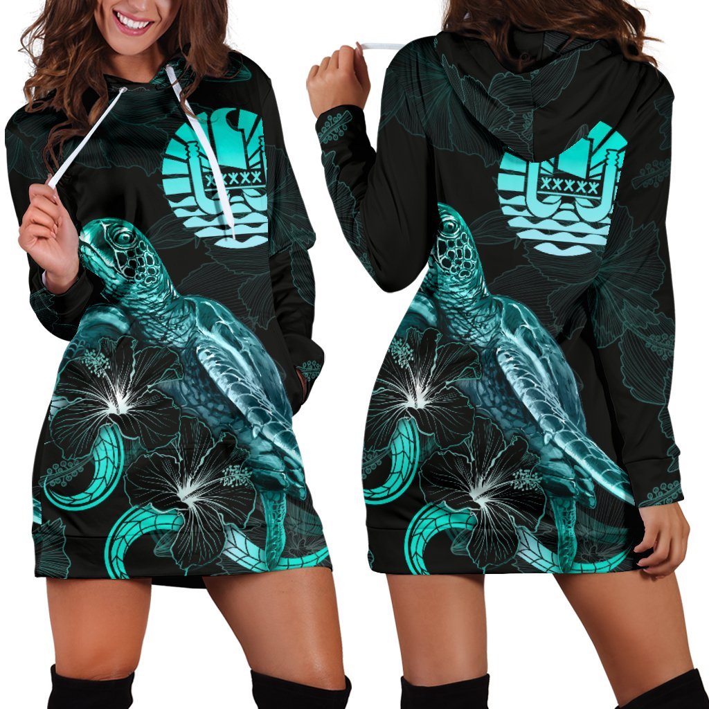 Tahiti Polynesian Hoodie Dress - Turtle With Blooming Hibiscus Turquoise Turquoise - Polynesian Pride