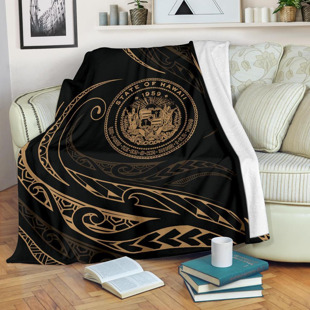 Hawaii Coat Of Arms Premium Blanket - Gold - Frida Style White - Polynesian Pride