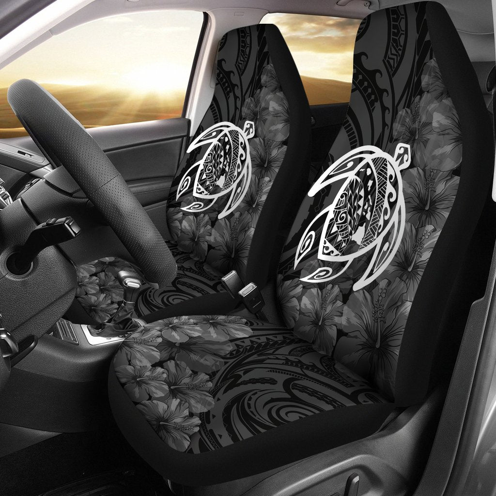 Hawaii Car Seat Covers - Hawaii Turtle Map Hibiscus Poly White - Polynesian Pride