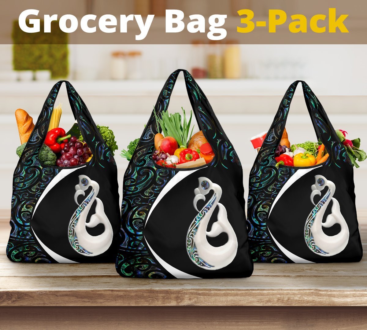 Maori Paua Shell Manaia Grocery Bag 3 - Pack, Circle Style Grocery Bag 3-Pack Black - Polynesian Pride