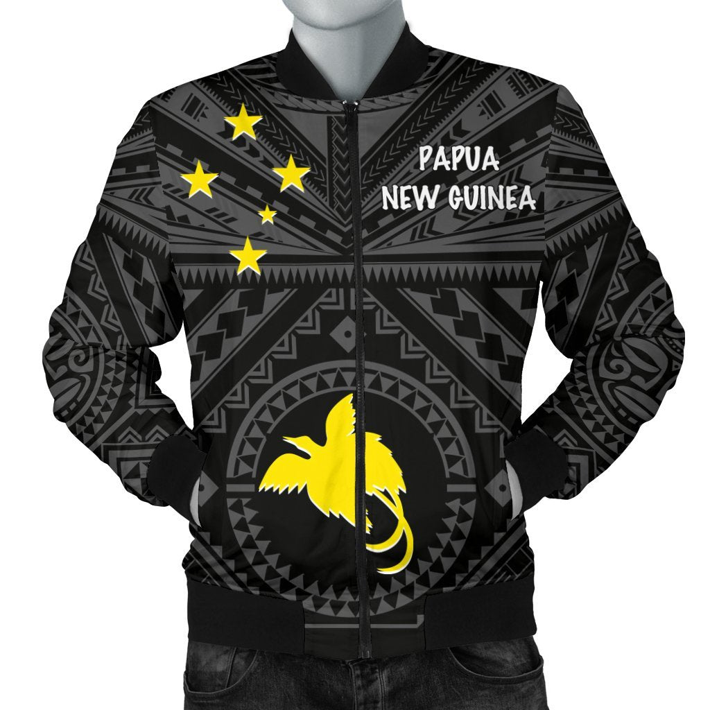 Papua New Guinea Men's Bomber Jacket - Flag With Polynesian Patterns (Black) Black - Polynesian Pride