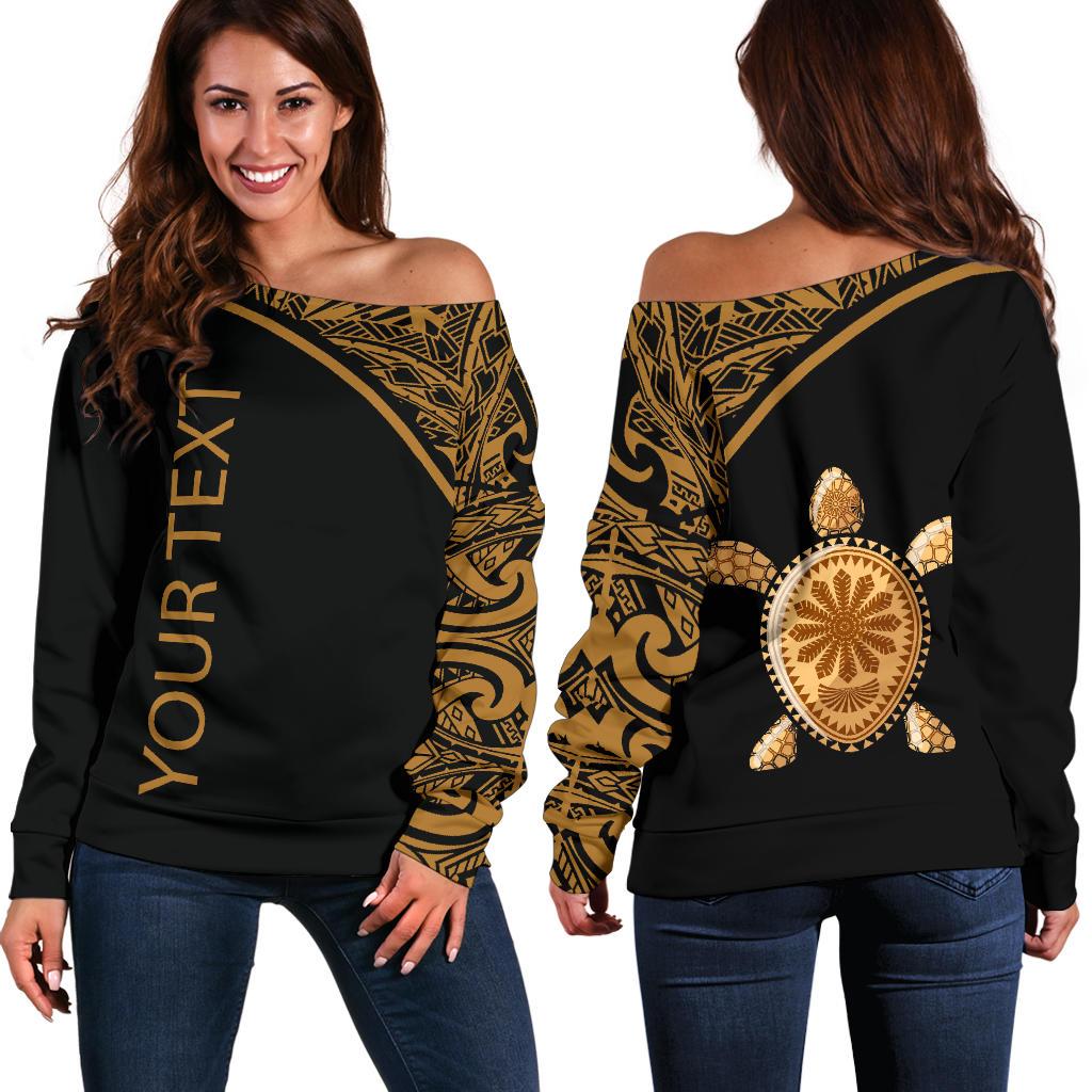 Turtle Custom Personalised Women's Off Shoulder Sweater - Polynesian Gold Curve Style Black - Polynesian Pride