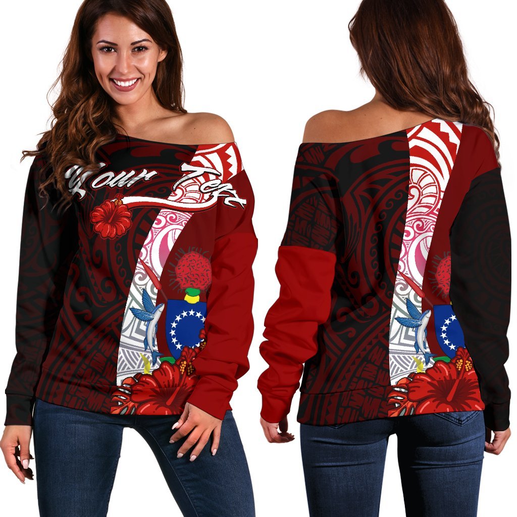 Cook Islands Polynesian Custom Personalised Women's Off Shoulder Sweater - Coat Of Arm With Hibiscus Red - Polynesian Pride