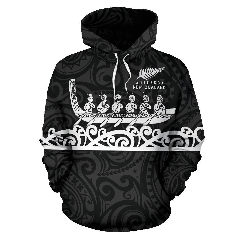 New Zealand Hoodie, Maori Waka Pullover Hoodie Black Unisex Black - Polynesian Pride