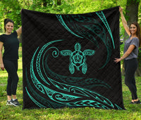 Hawaii Turtle Hibicus Premium Quilt - Frida Style - Turquoise Turquoise - Polynesian Pride