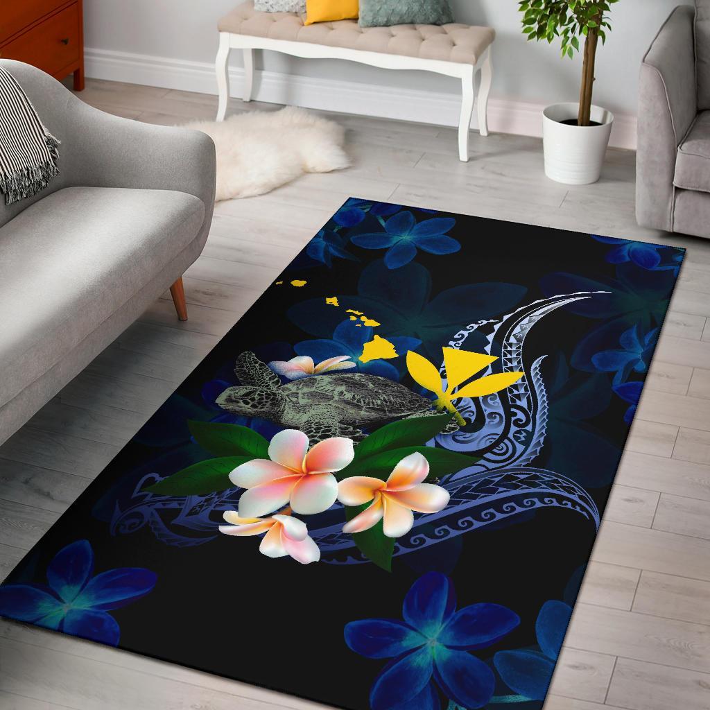 Polynesian Hawaii Area Rug - Turtle With Plumeria Flowers Blue - Polynesian Pride