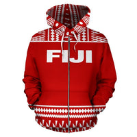 Fiji Tapa All Over Zip up Hoodie Red and White Version - Polynesian Pride