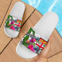 Fiji Custom Personalised Slide Sandals White - Turtle Plumeria Banana Leaf - Polynesian Pride