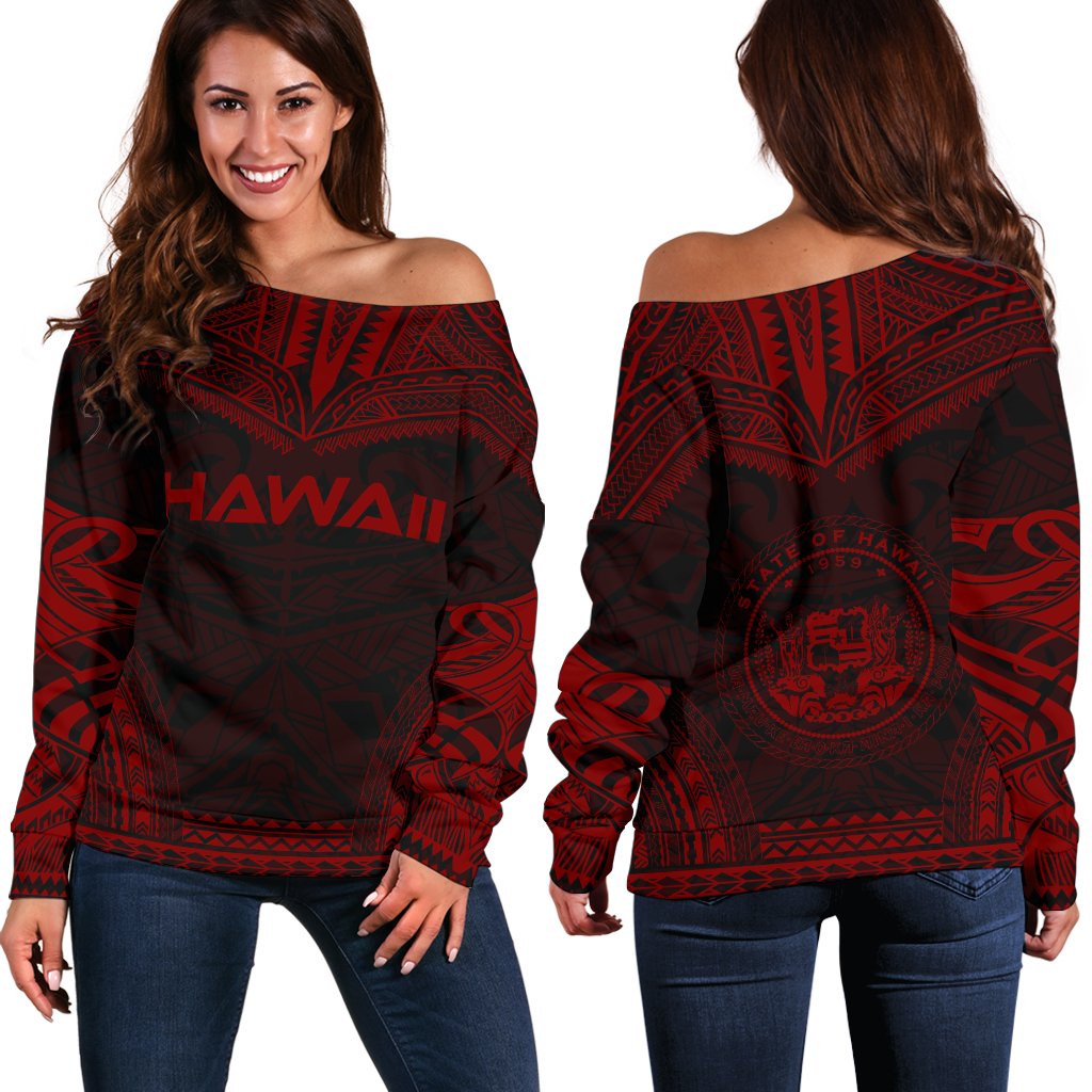 Hawaii Polynesian Chief Women's Off Shoulder Sweater - Red Version Red - Polynesian Pride