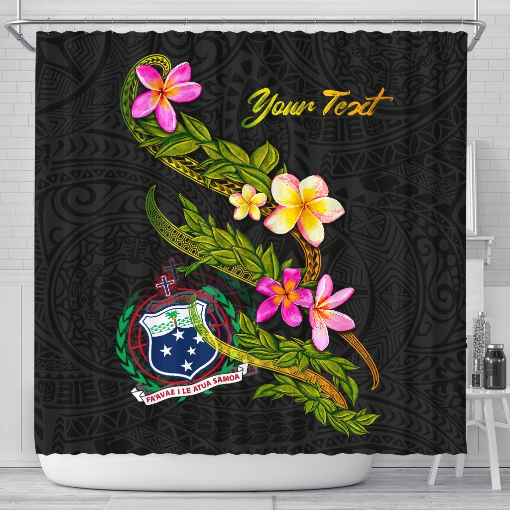 Samoa Polynesian Custom Personalised Shower Curtain - Plumeria Tribal 177 x 172 (cm) Black - Polynesian Pride