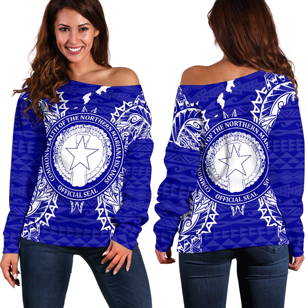 Northern Mariana Islands Polynesian Shoulder Sweater Map Blue Blue - Polynesian Pride