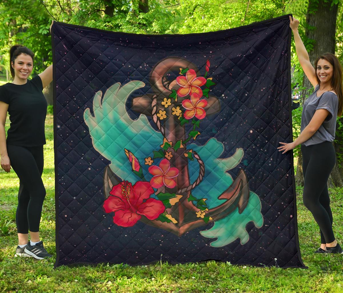 Hawaiian Plumeria Hibiscus Anchor Galaxy Premium Quilt Black - Polynesian Pride