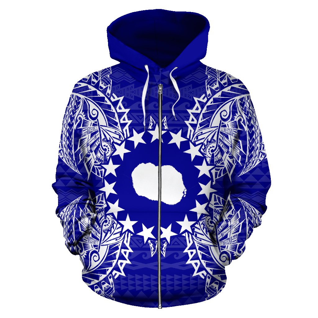 Cook Islands Polynesian All Over Zip up Hoodie Map Blue - Polynesian Pride