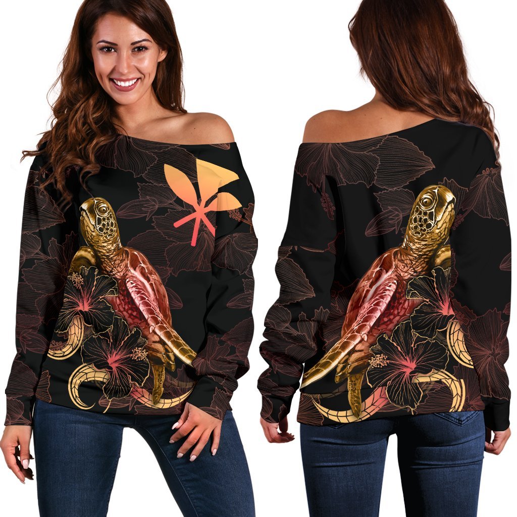 Hawaii Polynesian Women's Off Shoulder Sweater - Turtle With Blooming Hibiscus Gold Gold - Polynesian Pride