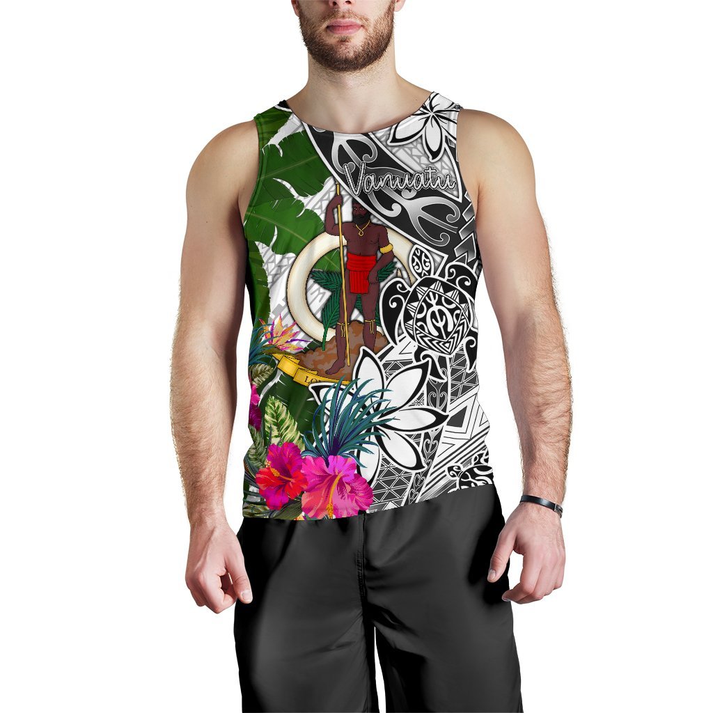Vanuatu Men's Tank Top White - Turtle Plumeria Banana Leaf - Polynesian Pride