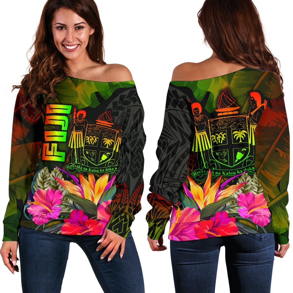 Fiji Polynesian Women's Off Shoulder Sweater - Hibiscus and Banana Leaves Art - Polynesian Pride