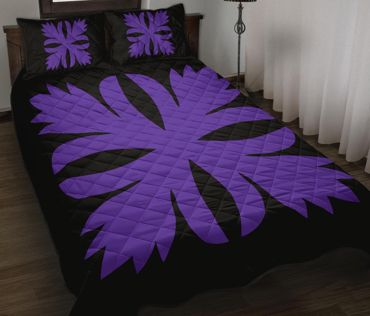 Hawaiian Royal Pattern Quilt Bed Set - Black And Purple - C3 Style Art - Polynesian Pride