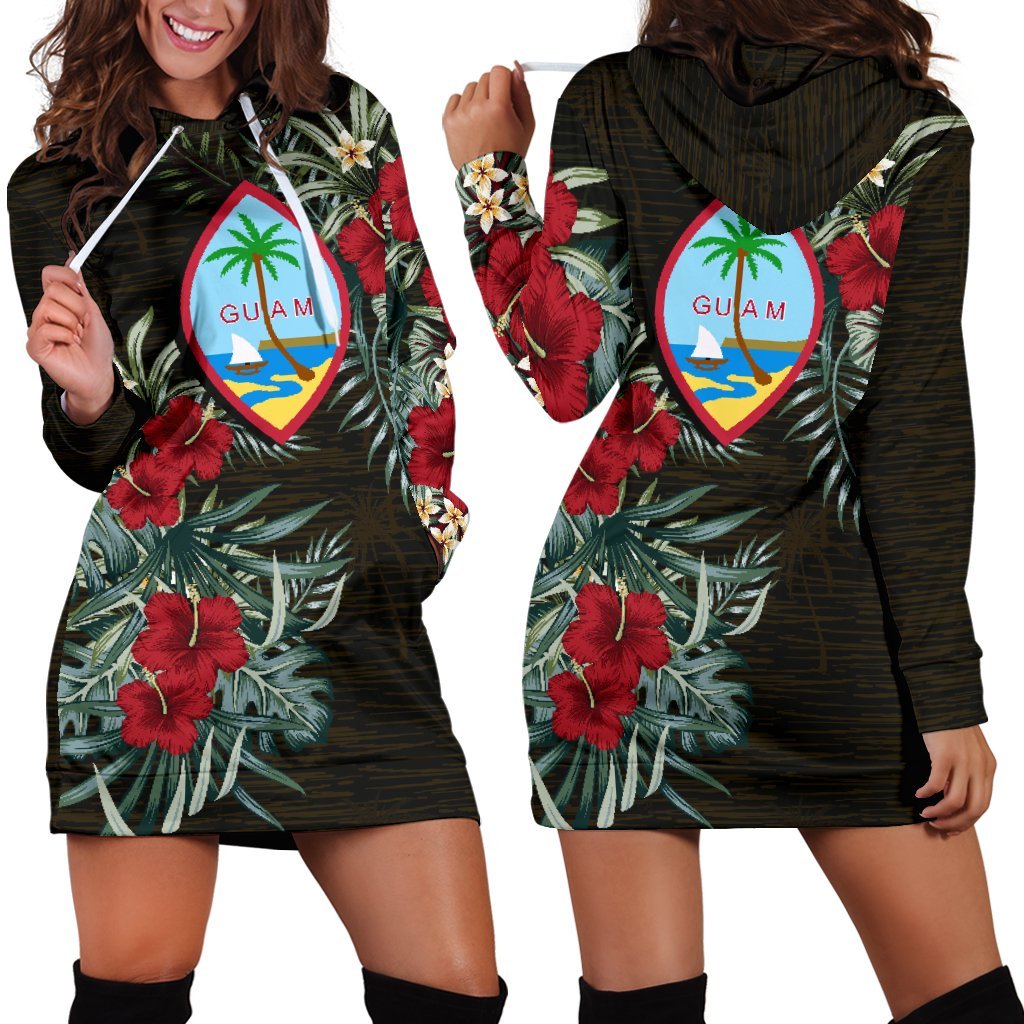 Guam Hoodie Dress - Guam Flag Hibiscus Black - Polynesian Pride