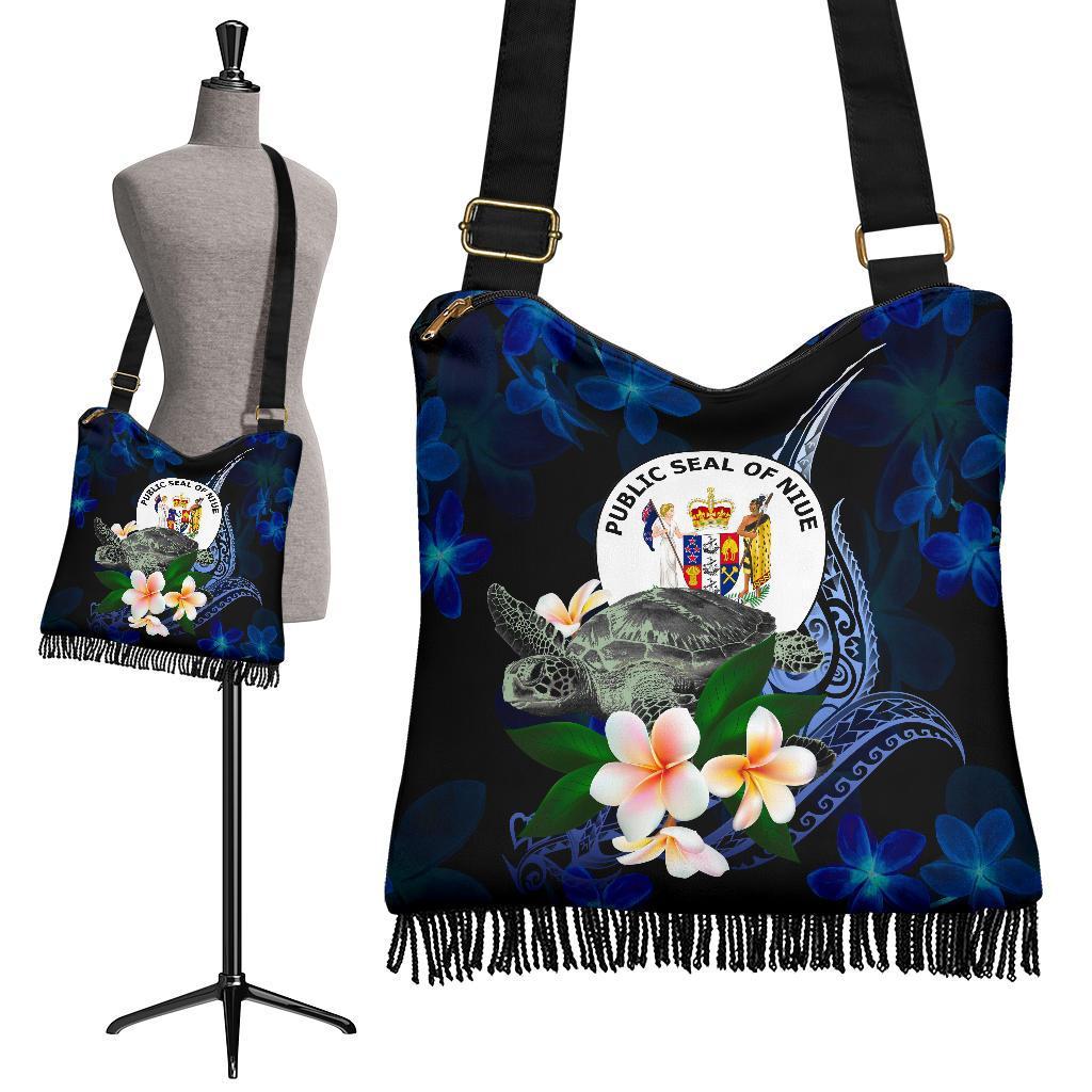 Niue Polynesian Boho Handbag - Turtle With Plumeria Flowers One Style One Size Blue - Polynesian Pride