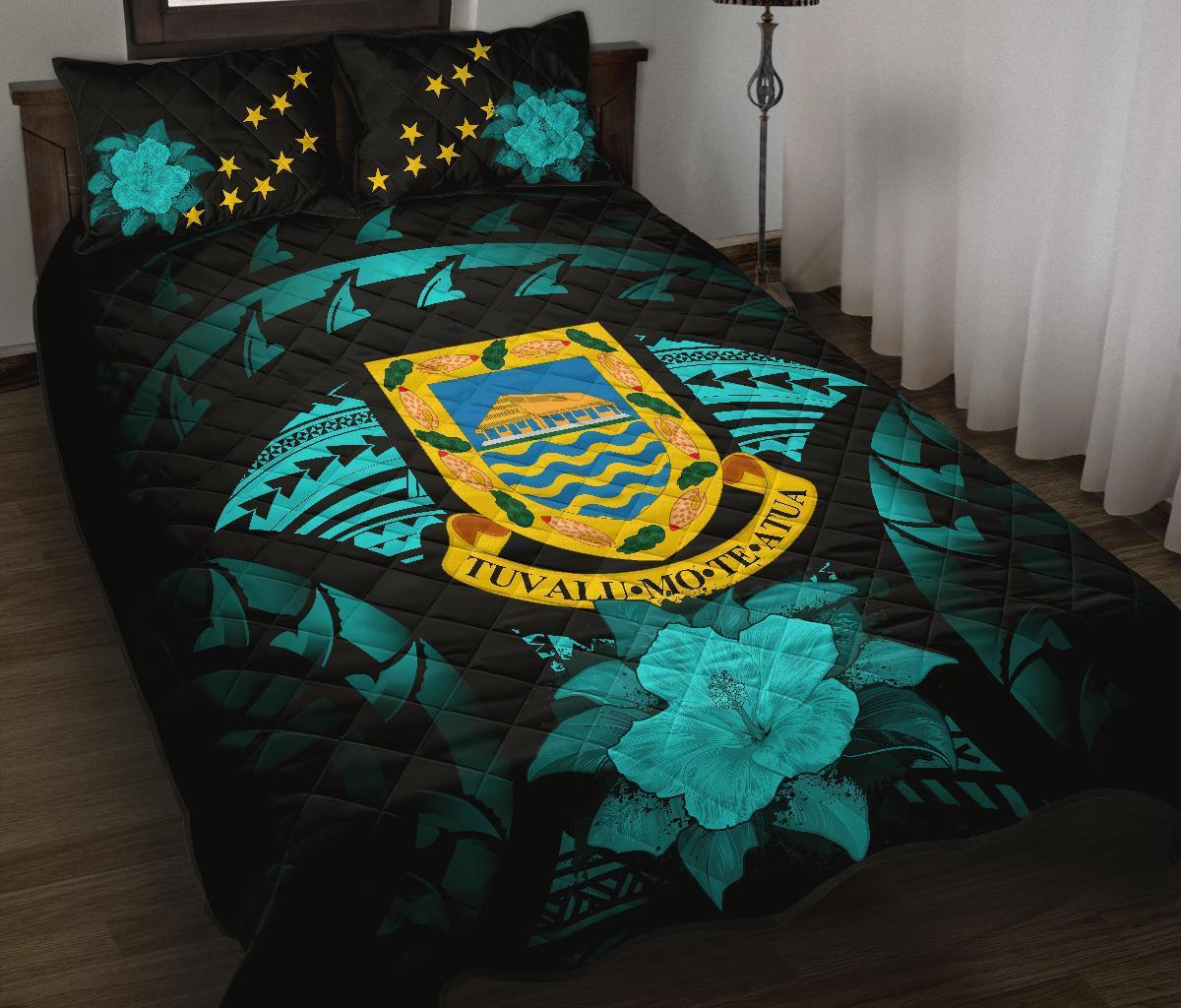 Tuvalu Polynesian Quilt Bed Set Hibiscus Turquoise Black - Polynesian Pride