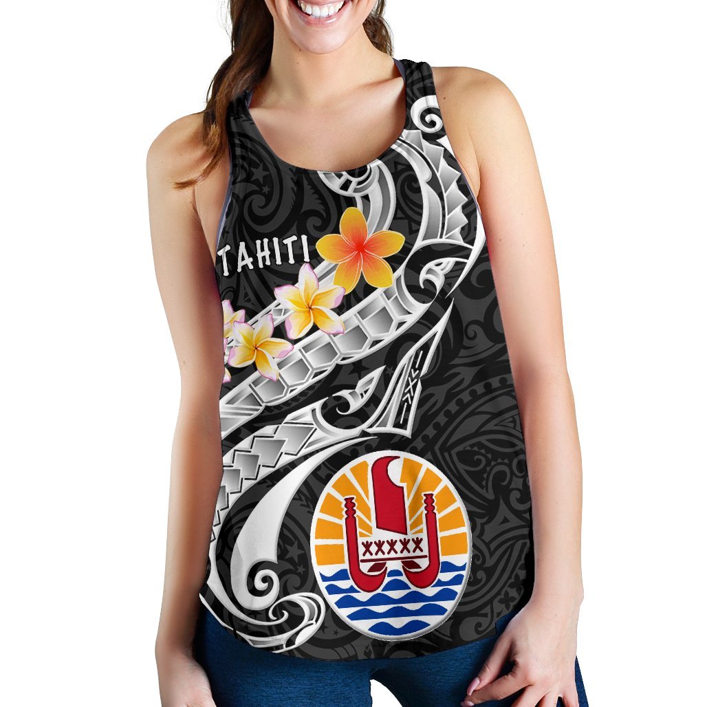 Tahiti Women's Racerback Tank - Tahiti Seal Polynesian Patterns Plumeria (Black) - Polynesian Pride