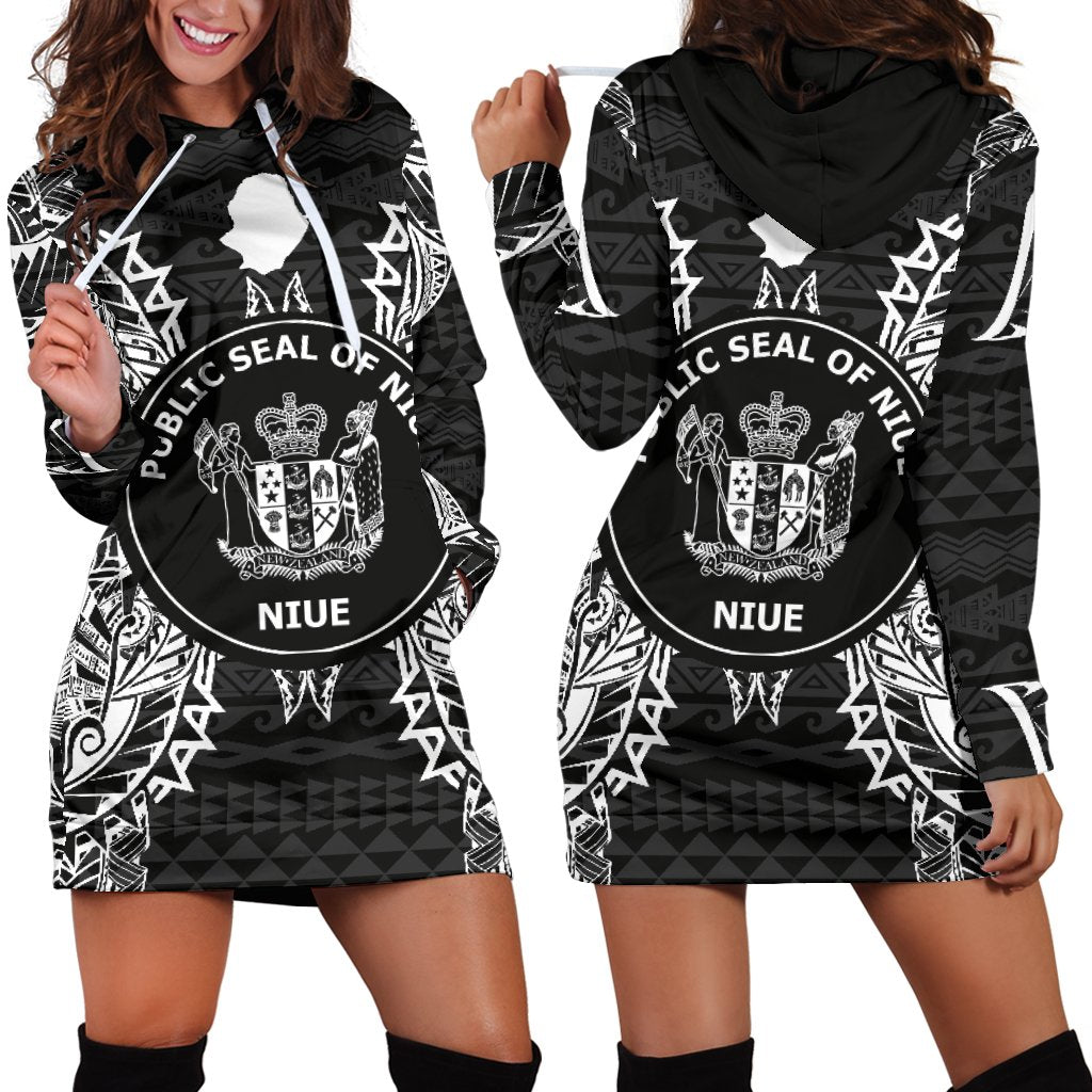 Niue Polynesian Hoodie Dress Map Black Black - Polynesian Pride